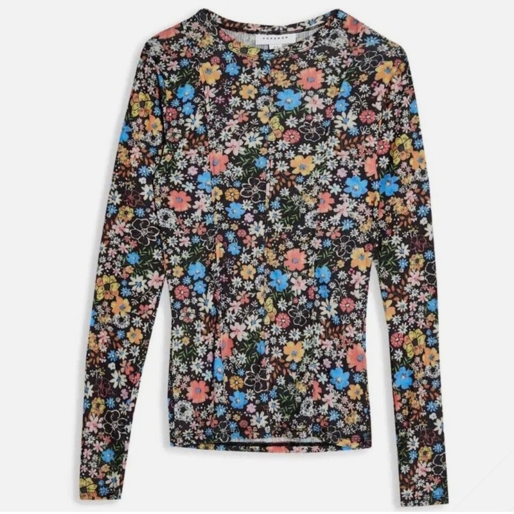 Topshop Flower Print Mesh Long Sleeve Top, 2 (fits like 0)